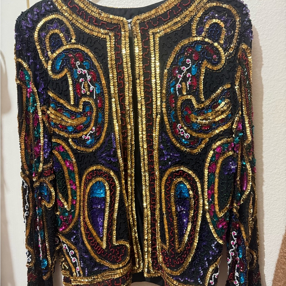 Vintage Sweelo beaded Embellished Sequin Black Jacket with Gold Trim